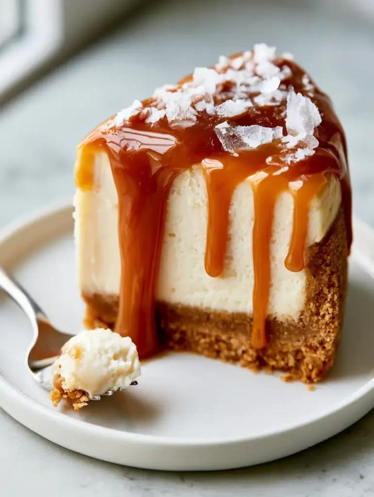 Salted Caramel Cheesecake with a Thick Graham Cracker Crust 1 Close up of the velvety internal texture of a salted caramel cheesecake with a silver fork.