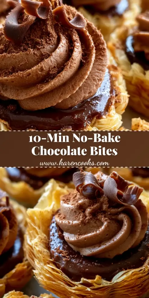Chocolate Cream Pie Bites: The Ultimate Bite-Sized Gourmet Dessert 4 A cluster of mini chocolate cream pie bites in golden-brown phyllo shells with glossy ganache and milk chocolate cream swirls.