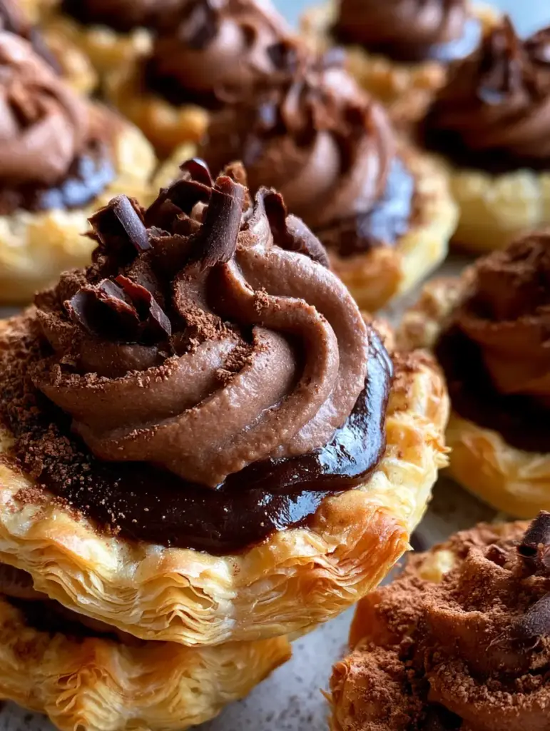 Chocolate Cream Pie Bites: The Ultimate Bite-Sized Gourmet Dessert 2 Extreme macro close-up of chocolate cream pie bites showing the flaky phyllo layers and glossy dark chocolate ganache.