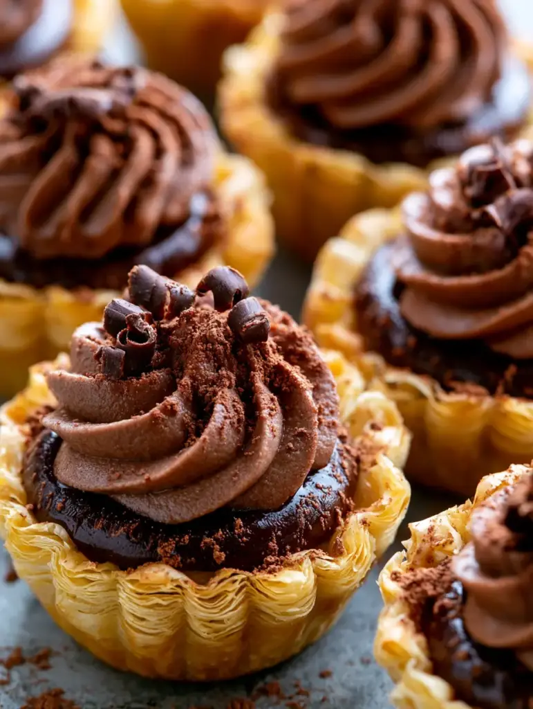 Chocolate Cream Pie Bites: The Ultimate Bite-Sized Gourmet Dessert 1 Close-up of chocolate cream pie bites topped with velvety milk chocolate cream and shaved dark chocolate curls.
