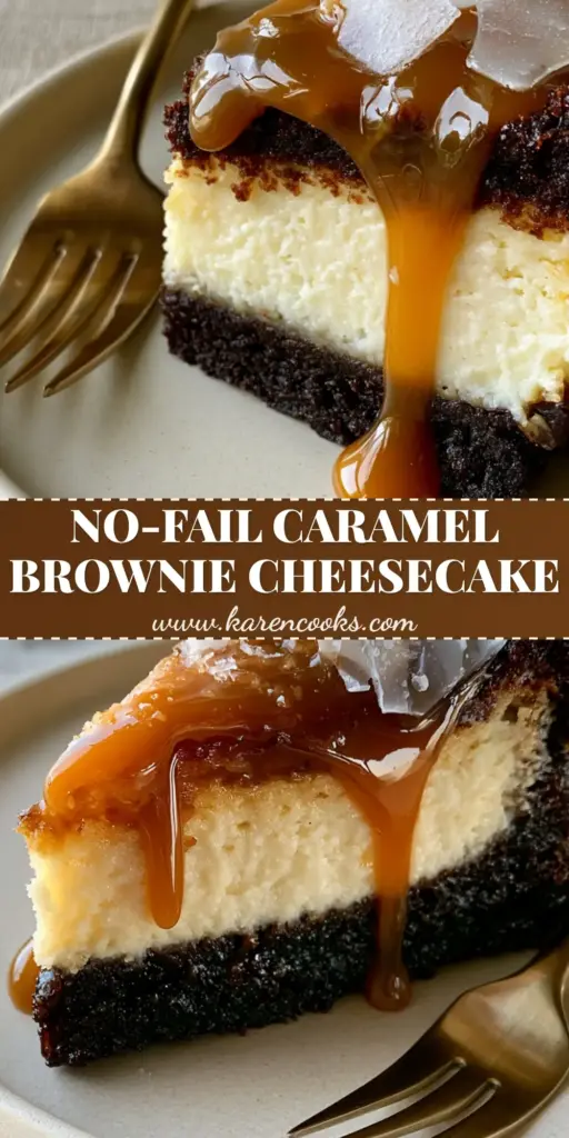 A tall slice of Caramel Brownie Cheesecake showing the dark brownie base, white cheesecake center, and dripping amber caramel with sea salt.