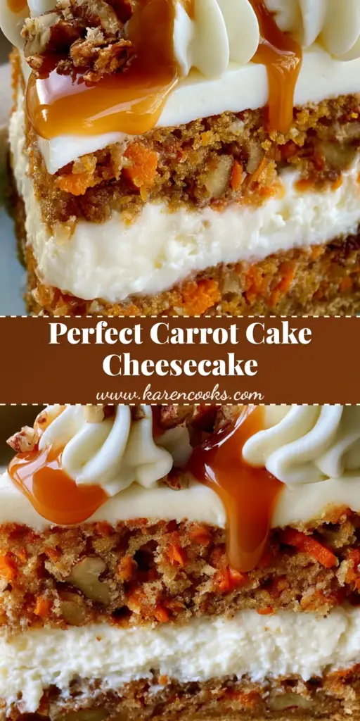 A tall slice of Carrot Cake Cheesecake showing layers of spiced carrot cake and white cheesecake topped with caramel and pecans.