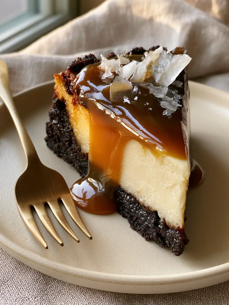 Close-up of a Caramel Brownie Cheesecake slice on a cream plate featuring distinct layers of brownie, cheesecake, and glossy caramel.