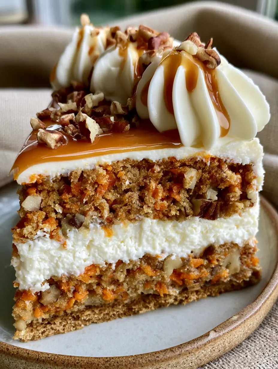 Close-up of a Carrot Cake Cheesecake slice on an artisanal plate with visible orange carrot flecks and velvety filling.