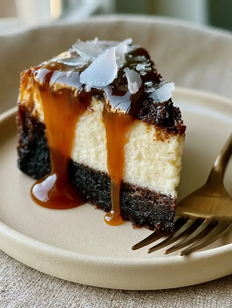 Overhead view of a Caramel Brownie Cheesecake slice highlighting the Maldon sea salt flakes on a glossy caramel topping.