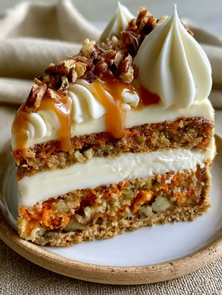 Overhead view of a Carrot Cake Cheesecake adorned with whipped cream rosettes and amber caramel sauce.