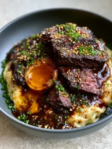 Close-up of seared skirt steak with a caramelized crust and pink center on a bed of silky pasta. (savory secrets)