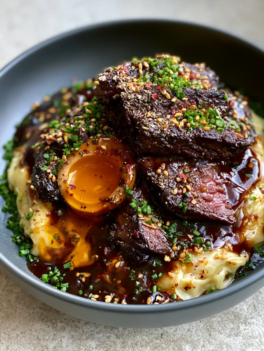 Close-up of seared skirt steak with a caramelized crust and pink center on a bed of silky pasta. (savory secrets)