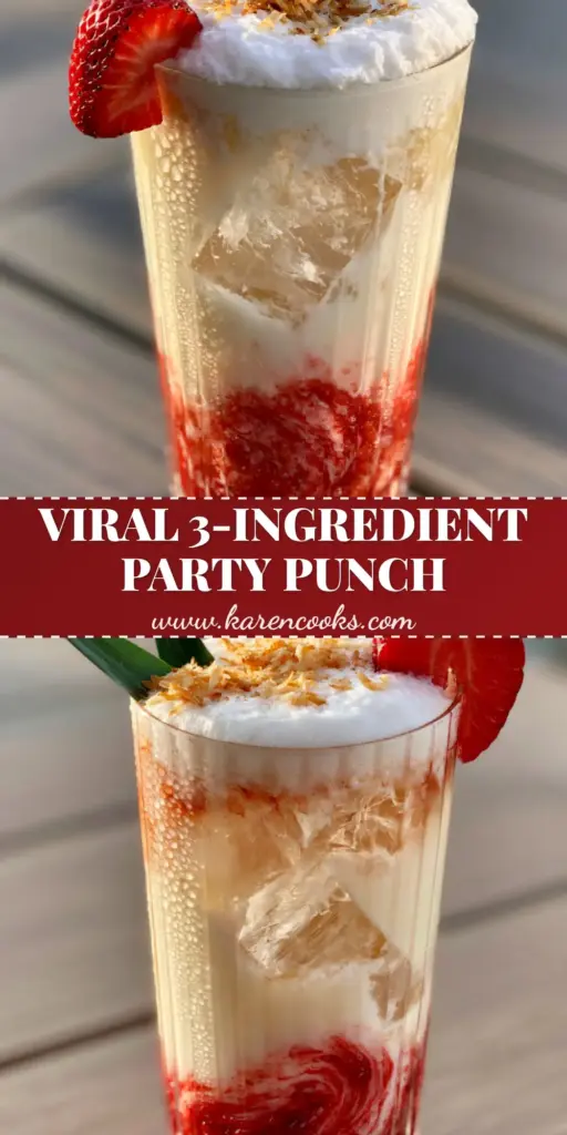 Strawberry Piña Colada Punch with Vibrant Crimson Swirls 4 A tall ribbed glass filled with a layered Strawberry Piña Colada Punch, featuring a crimson strawberry puree bottom, frothy pineapple middle, and a dense coconut foam top with a pineapple leaf garnish.