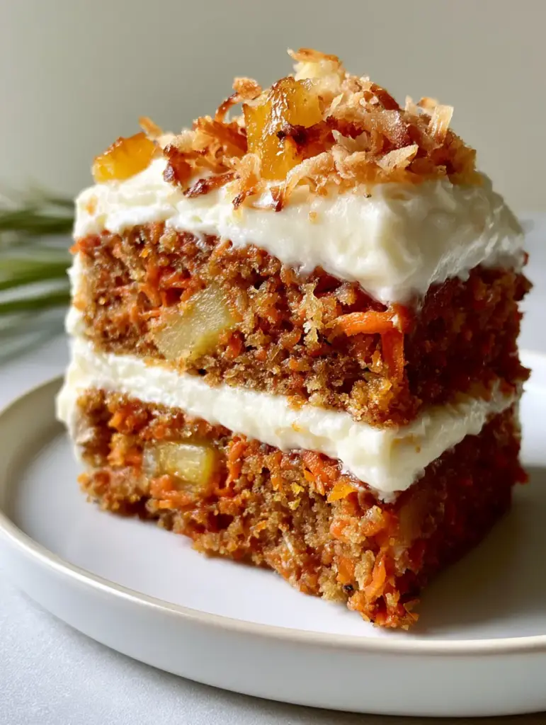 Hawaiian Carrot Pineapple Cake: The Ultimate Moist Tropical Recipe 2 Close-up of a thick slice of moist Hawaiian Carrot Pineapple Cake on a minimalist white plate showing two distinct spiced layers.