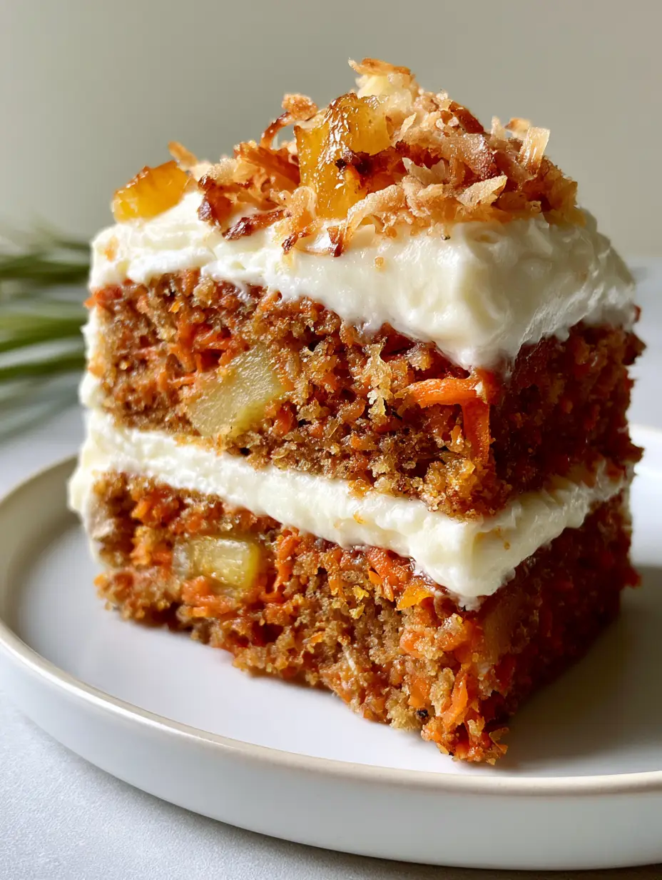 Hawaiian Carrot Pineapple Cake: The Ultimate Moist Tropical Recipe 3 Close-up of a thick slice of moist Hawaiian Carrot Pineapple Cake on a minimalist white plate showing two distinct spiced layers.