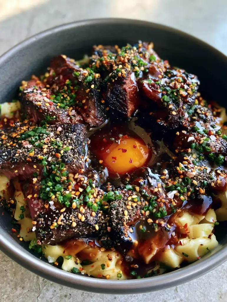 Overhead view of a savory bowl in a charcoal ceramic dish with sesame seeds, chives, and a jammy egg.