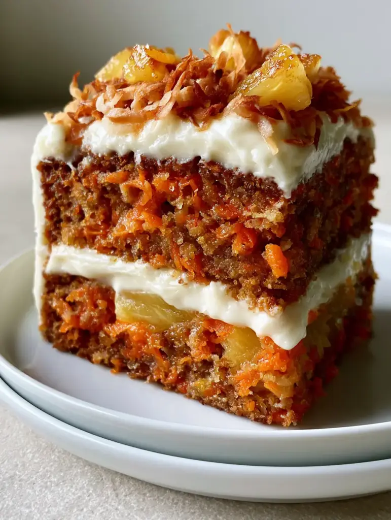 Hawaiian Carrot Pineapple Cake: The Ultimate Moist Tropical Recipe 1 A top-down view of the Hawaiian Carrot Pineapple Cake highlighting the toasted golden-brown coconut and caramelized pineapple garnish.