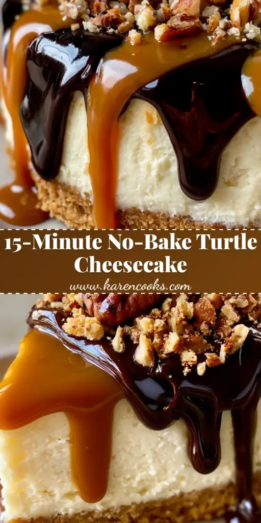 Turtle Cheesecake: The Ultimate Decadent Triple-Layer Dessert 4 A tall slice of Turtle Cheesecake with thick graham cracker crust, amber caramel, dark chocolate ganache, and toasted pecans. (Turtle Cheesecake)