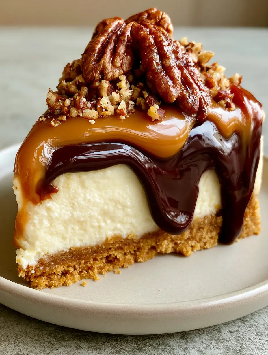 Turtle Cheesecake: The Ultimate Decadent Triple-Layer Dessert 3 A close-up side angle shot of a perfect slice of turtle cheesecake on a matte ceramic plate. (Turtle Cheesecake)