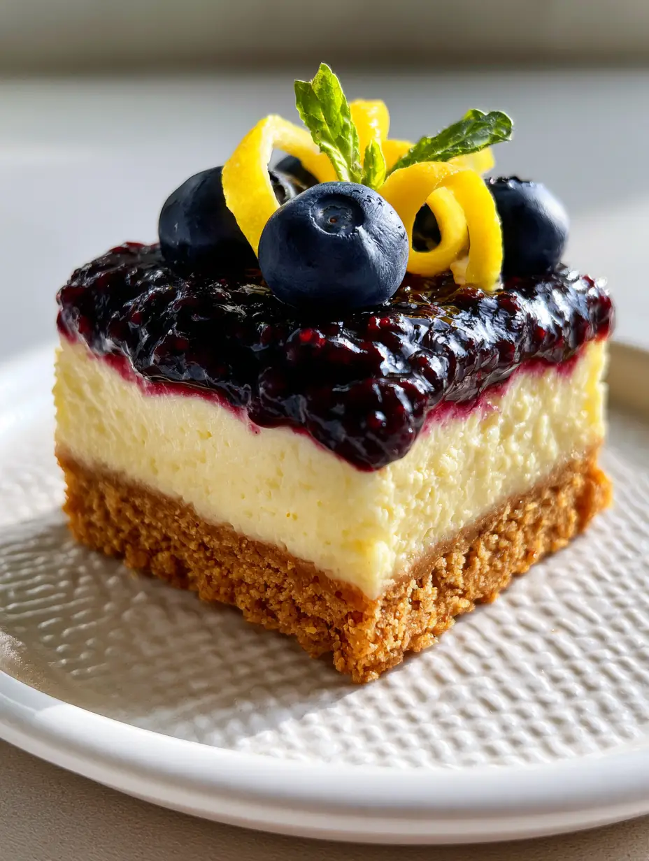 Eye-level closeup of a lemon blueberry cheesecake slice on a white ceramic plate showing the crumbly crust and velvety lemon layer.