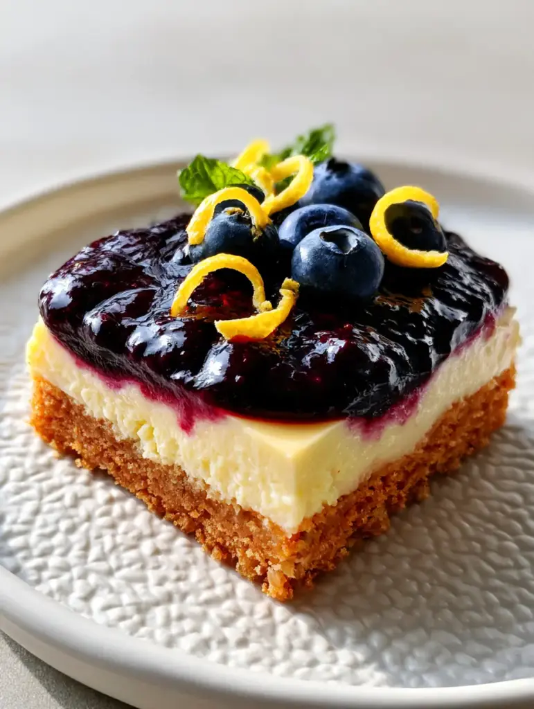 Macro shot of a glossy purple blueberry compote swirled into a pale yellow lemon cheesecake filling.