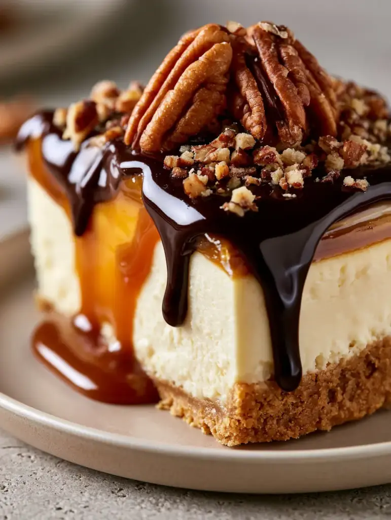 Turtle Cheesecake: The Ultimate Decadent Triple-Layer Dessert 1 Top-down view of a Turtle Cheesecake decorated with dark chocolate, caramel, and pecans. (Turtle Cheesecake)