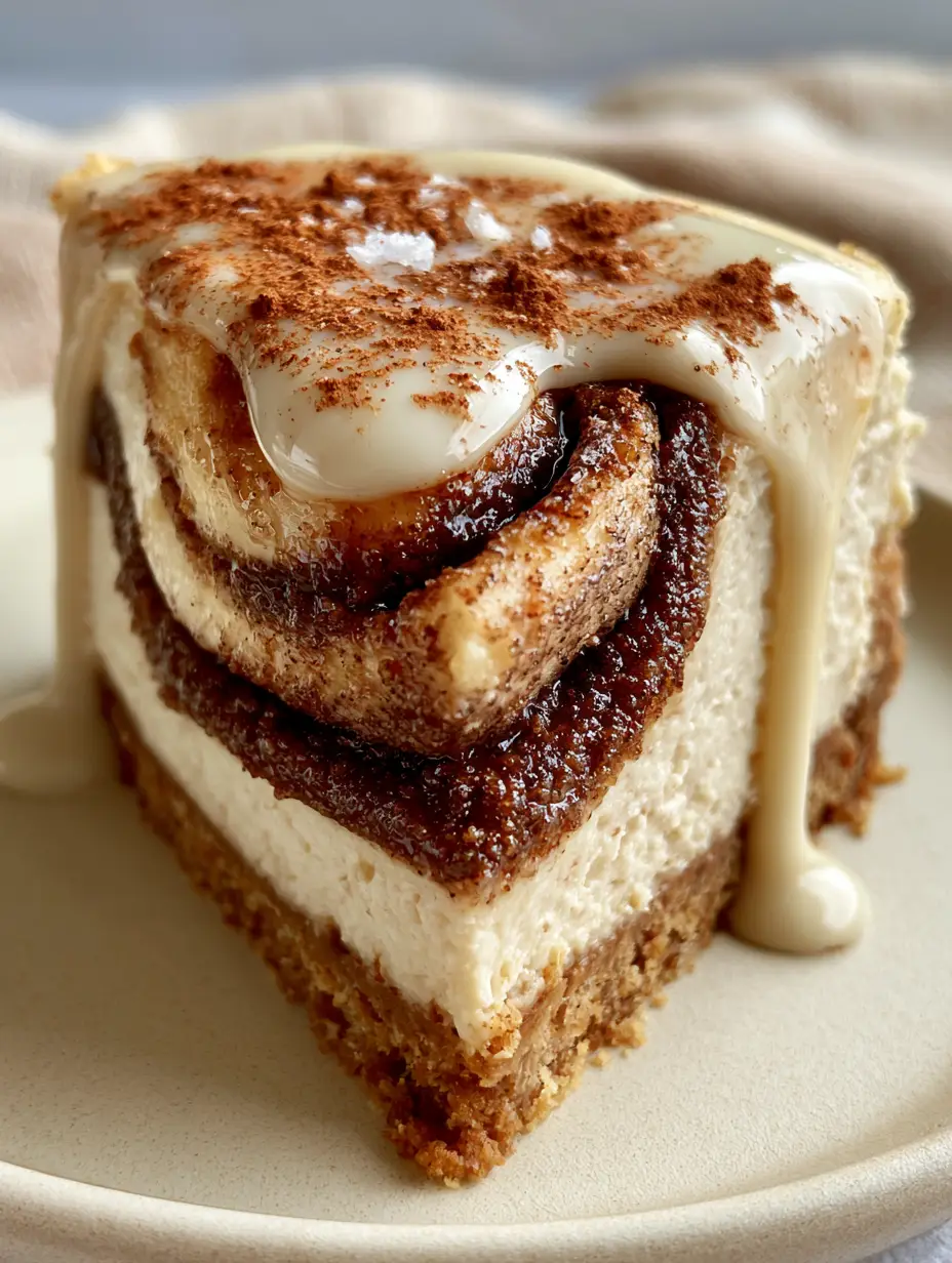 Extreme close-up of a Cinnamon Bun Cheesecake slice showing the ultra-creamy ivory base and undulating mahogany cinnamon ribbons.