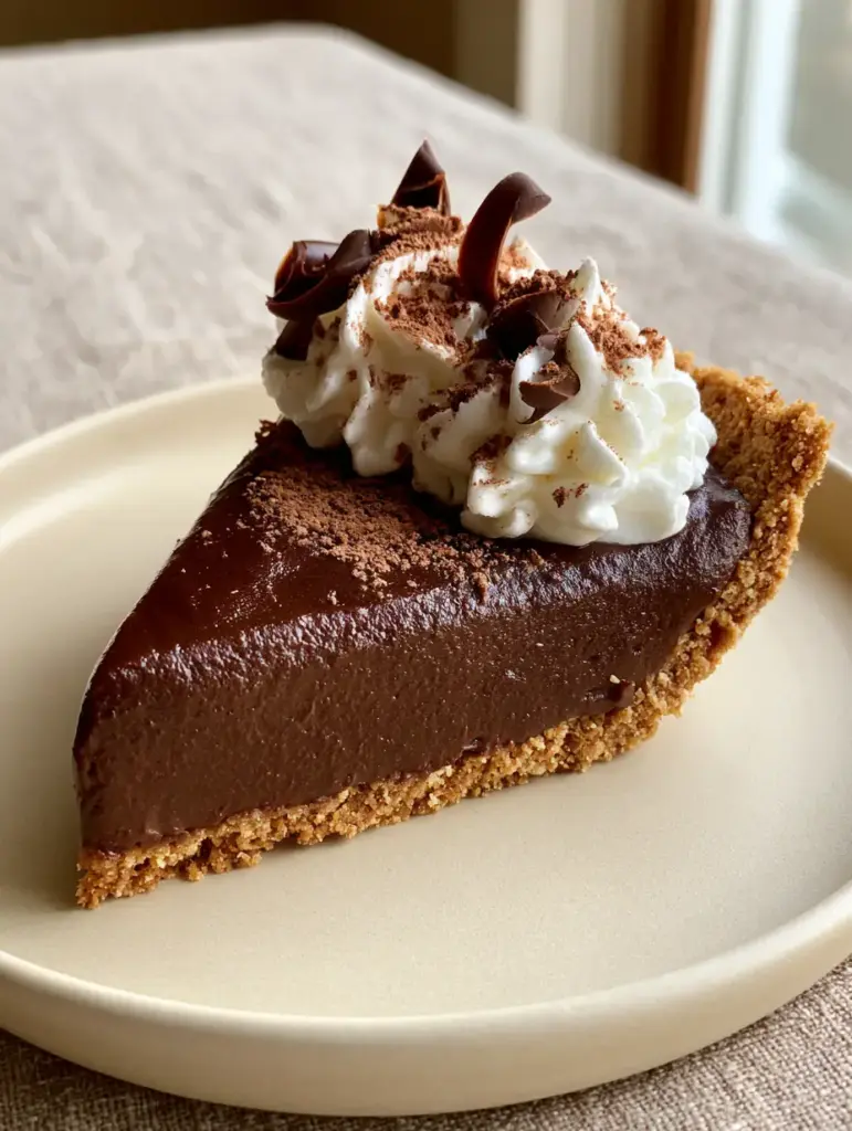 Chocolate Pie Recipe: The Ultimate No-Bake Dark Chocolate Dream 2 A handheld smartphone photo showing a single slice of dark chocolate pie with sharp edges and whipped cream on a cream plate. (Chocolate pie recipe)