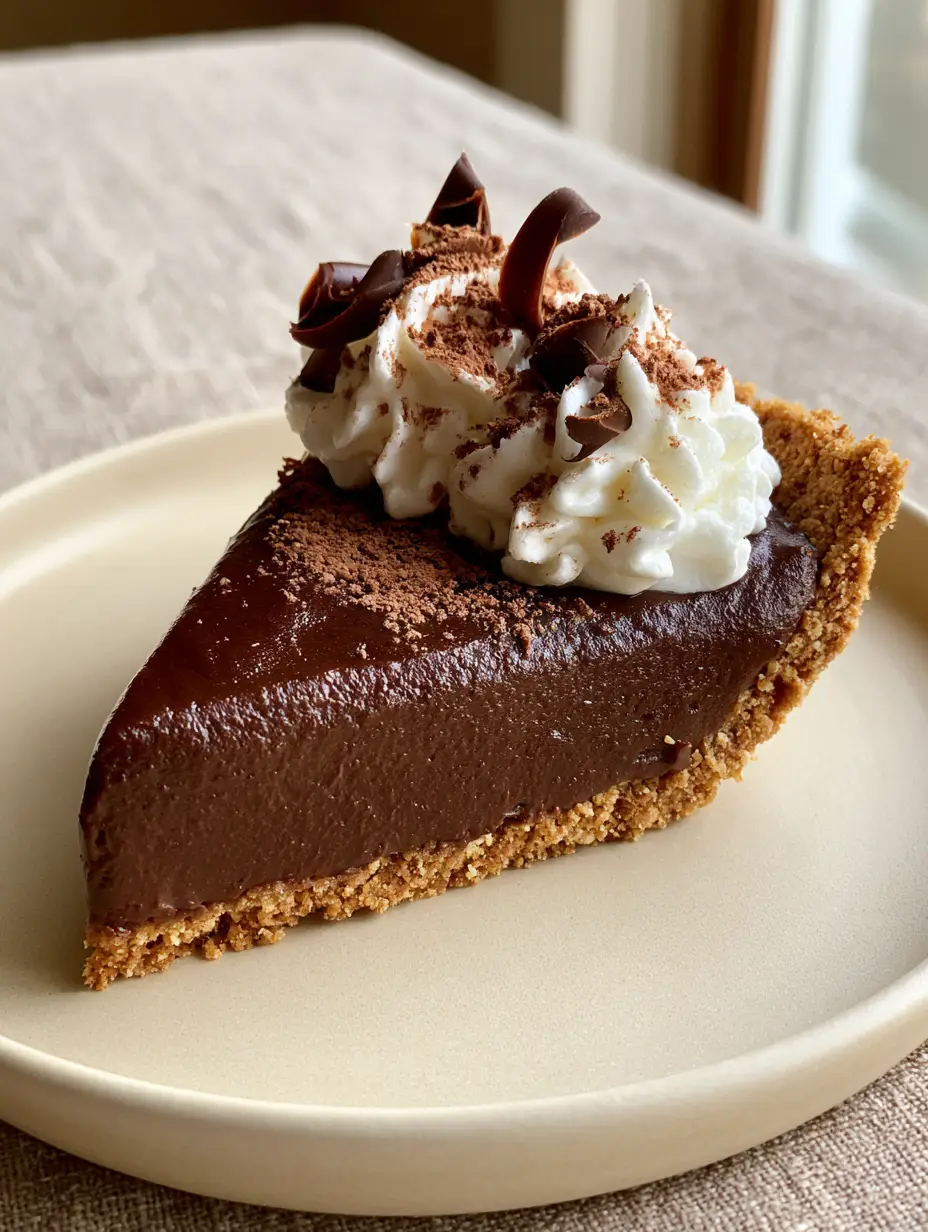 Chocolate Pie Recipe: The Ultimate No-Bake Dark Chocolate Dream 3 A handheld smartphone photo showing a single slice of dark chocolate pie with sharp edges and whipped cream on a cream plate. (Chocolate pie recipe)