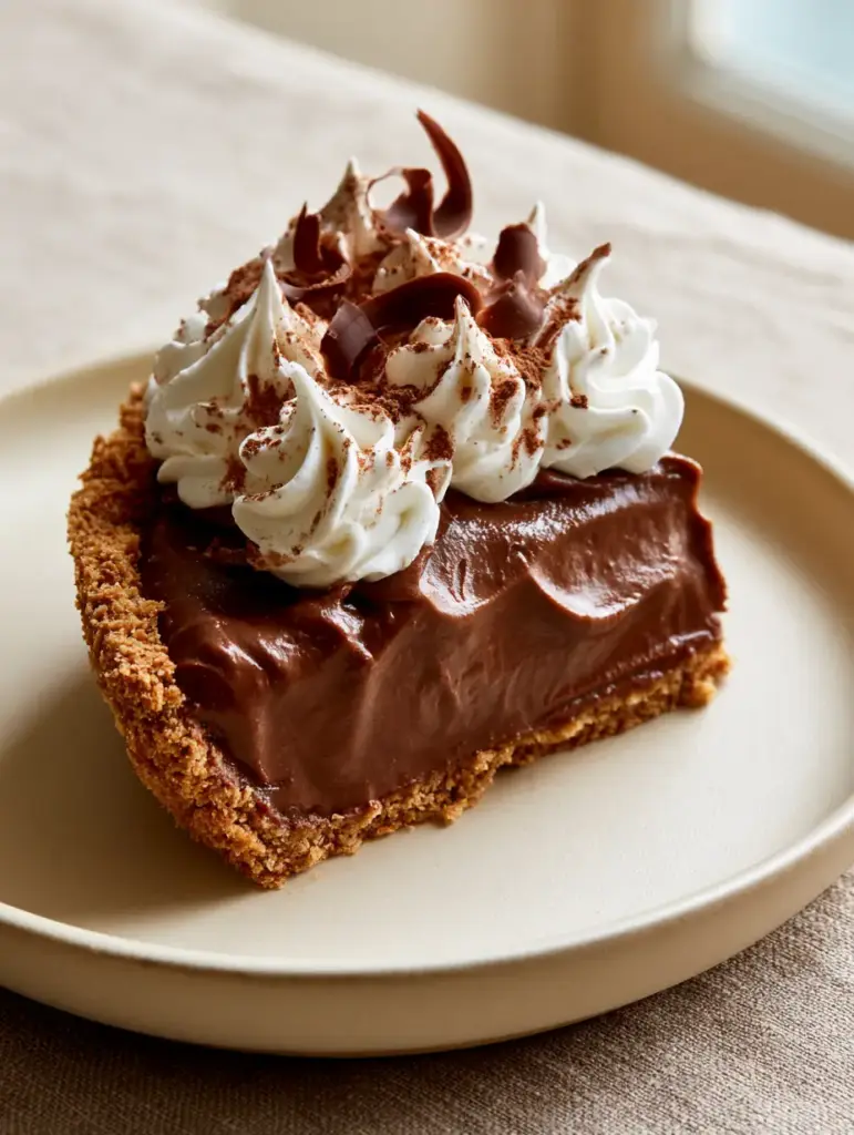Chocolate Pie Recipe: The Ultimate No-Bake Dark Chocolate Dream 1 Side view of a chocolate pie slice on a matte ceramic plate under natural light.