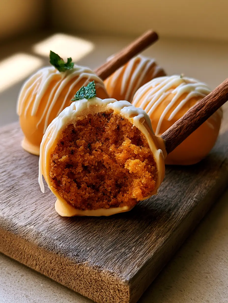 Pumpkin Cake Pops: The Ultimate Moist Spice Treat with Real Cinnamon Sticks 3 A handheld photo showing the moist, deep orange interior of a bitten Pumpkin Cake Pop.