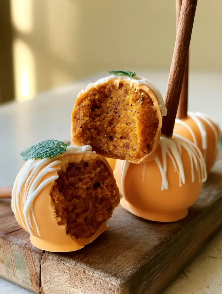 Pumpkin Cake Pops: The Ultimate Moist Spice Treat with Real Cinnamon Sticks 1 Close up of matte orange Pumpkin Cake Pops with white chocolate drizzle and mint garnish.
