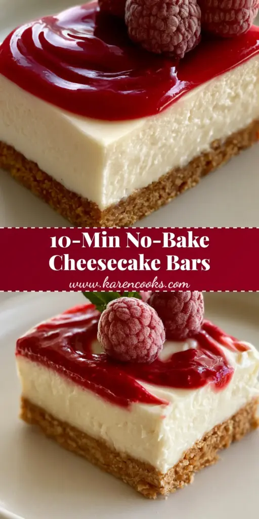 No Bake Cheesecake Bars with a Glossy Raspberry Swirl 4 A close-up vertical shot of No Bake Cheesecake Bars with a vibrant raspberry swirl, fresh raspberries, and a mint sprig on a ceramic plate.