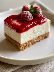 Handheld photo of a single No Bake Cheesecake Bar showing immaculate layers of crust and velvety filling.
