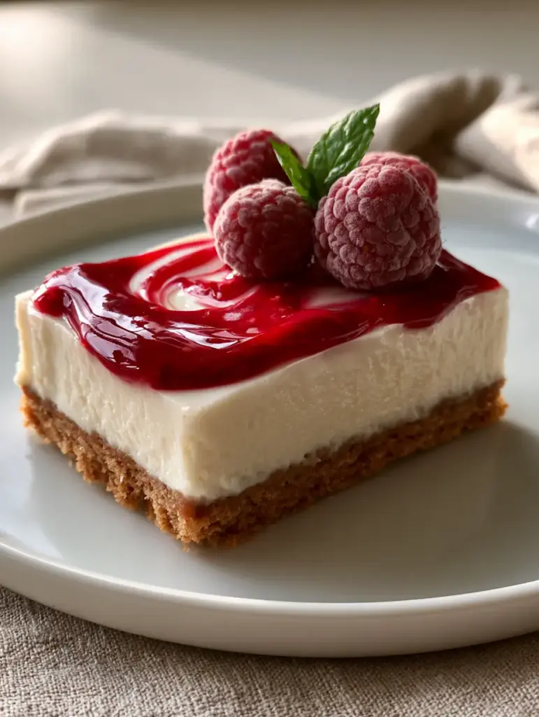 No Bake Cheesecake Bars with a Glossy Raspberry Swirl 1 Close-up of a raspberry swirl on No Bake Cheesecake Bars, highlighting the glossy ruby-red texture.