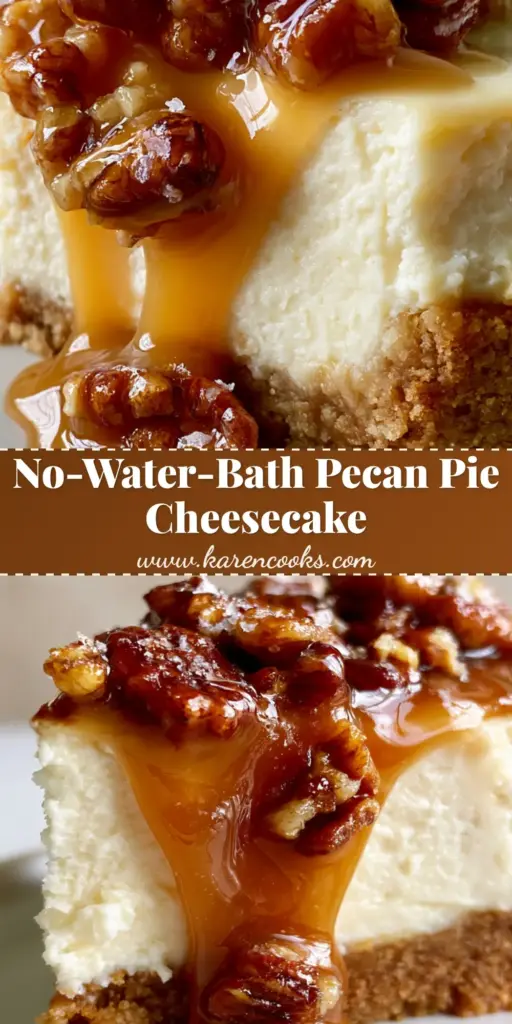 Pecan Pie Cheesecake with Glossy Amber Caramel and Toasted Pecans 4 A close-up of a pecan pie cheesecake slice with dripping caramel, toasted pecans, and sea salt flakes. (pecan pie cheesecake)