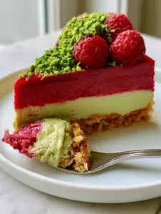 A detailed close-up of a single slice of Pistachio Raspberry Crunch Cheesecake on a white plate with a silver fork.
