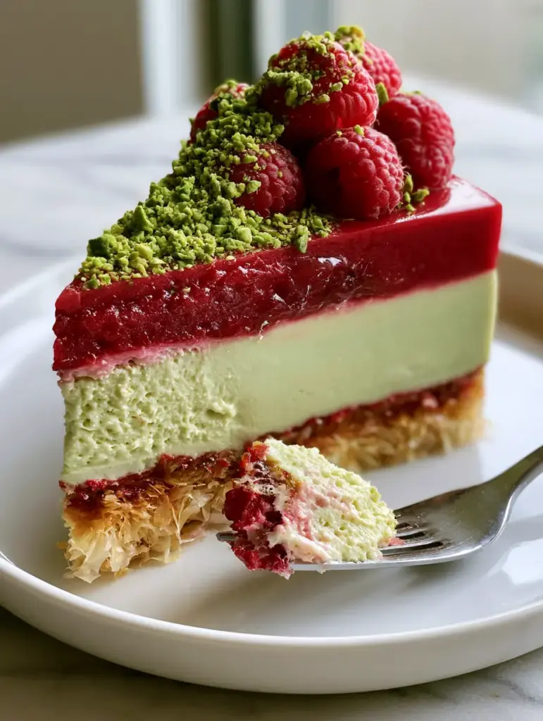 A side view of the Pistachio Raspberry Crunch Cheesecake showcasing the thick ruby raspberry coulis and emerald pistachio garnish.