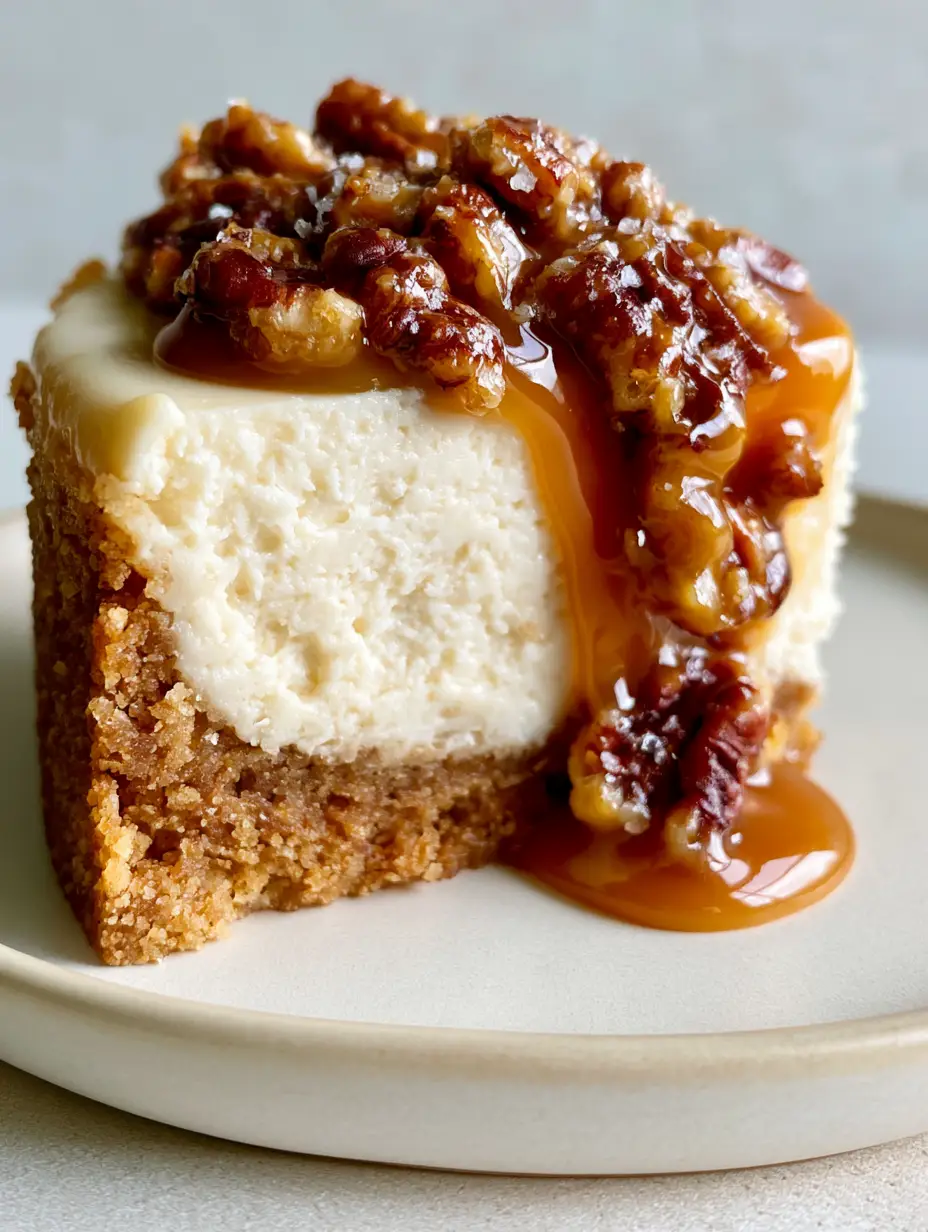 Pecan Pie Cheesecake with Glossy Amber Caramel and Toasted Pecans 3 Eye-level shot of a pecan pie cheesecake slice showing the ivory filling and thick graham cracker crust. (pecan pie cheesecake)