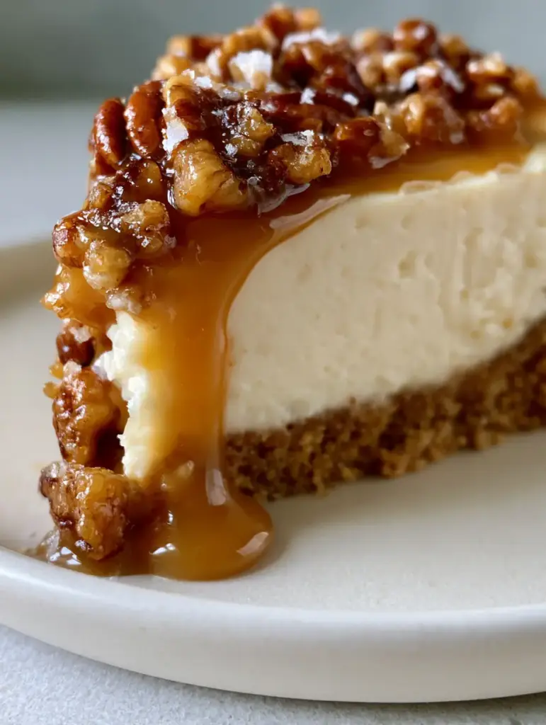Pecan Pie Cheesecake with Glossy Amber Caramel and Toasted Pecans 1 Close up of amber caramel sauce with toasted pecans dripping down the side of a cheesecake. (pecan pie cheesecake)