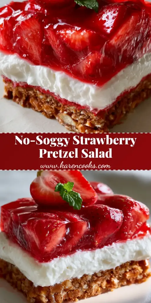 A perfect slice of Strawberry Pretzel Salad on a rustic plate, showing clean layers of golden pretzel crust, white cream cheese, and ruby-red strawberry gelatin.