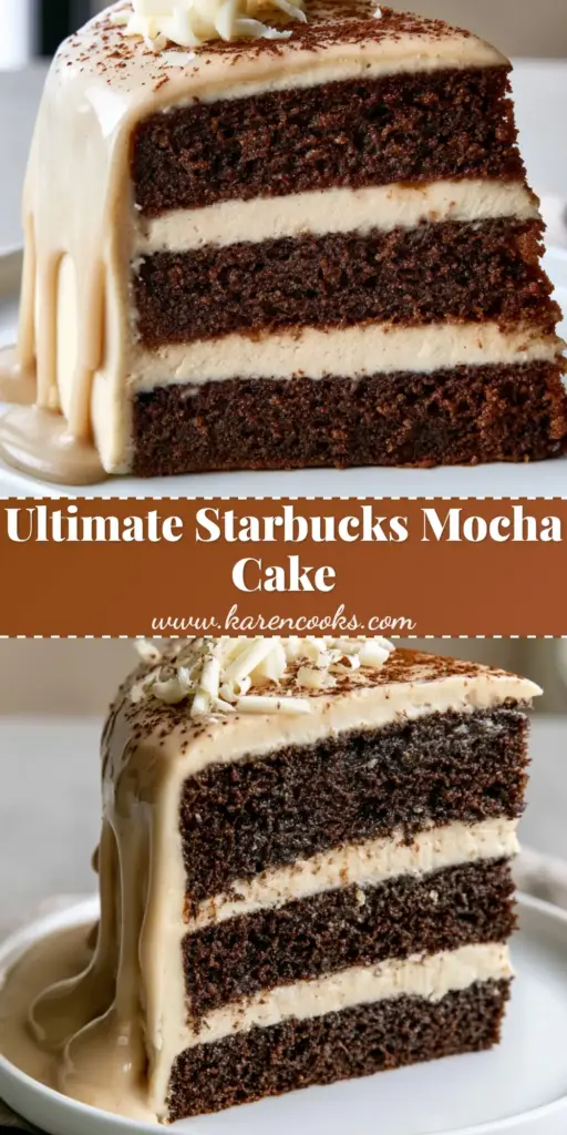 A towering slice of White Chocolate Mocha Cake showing three dark espresso sponge layers and ivory buttercream.