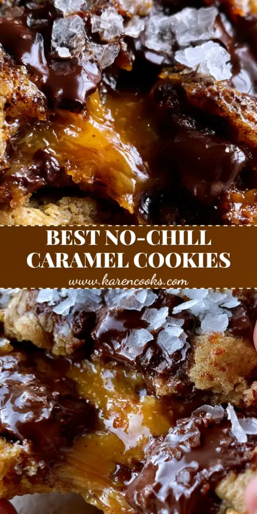 A thick, soft-baked chocolate chip cookie being pulled apart to reveal a molten liquid caramel core with large dark chocolate chunks. (salted caramel chocolate chip cookies)