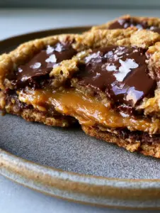Close-up of golden-brown caramel chocolate chip cookies with crinkled surfaces and large pools of dark chocolate on a matte grey plate.