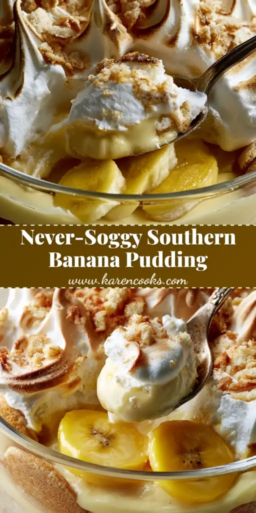 Homemade Banana Pudding with Toasted Meringue Peaks 4 A towering dish of homemade banana pudding featuring thick layers of pale yellow custard, vanilla wafers, and bananas, topped with high toasted meringue peaks and cookie crumbs.