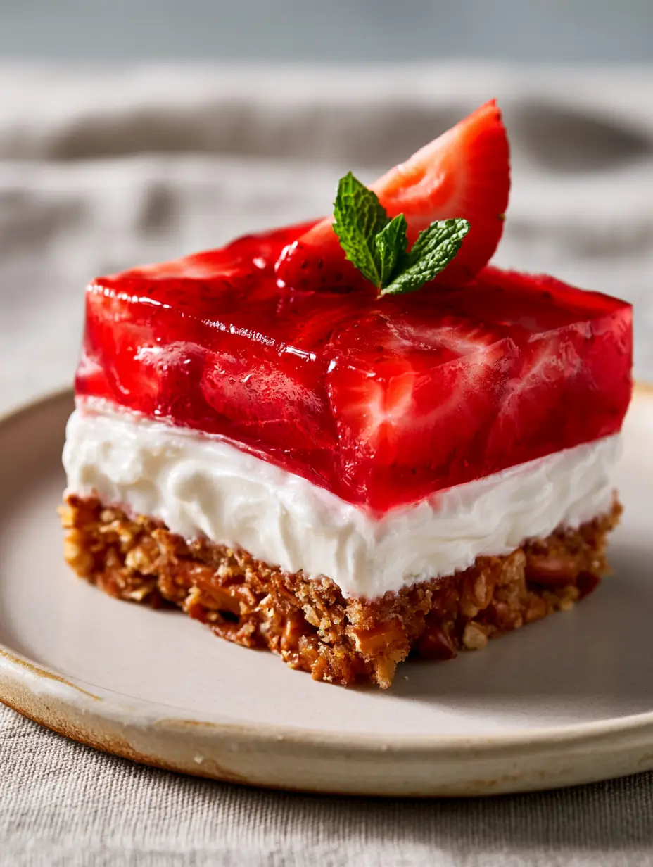 Close-up eye-level view of a Strawberry Pretzel Salad slice with glistening strawberries and a thick snow-white middle layer.