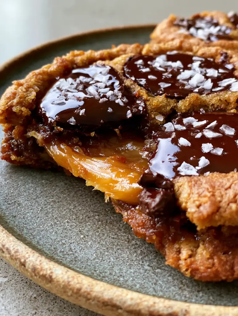 Caramel Chocolate Chip Cookies with Brown Butter and Sea Salt 1 Detailed view of caramel chocolate chip cookies being broken open, highlighting the gooey caramel center and Maldon sea salt flakes.