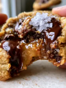 Macro shot of a crinkled cookie top with flaky sea salt and melted dark chocolate pools. (salted caramel chocolate chip cookies)
