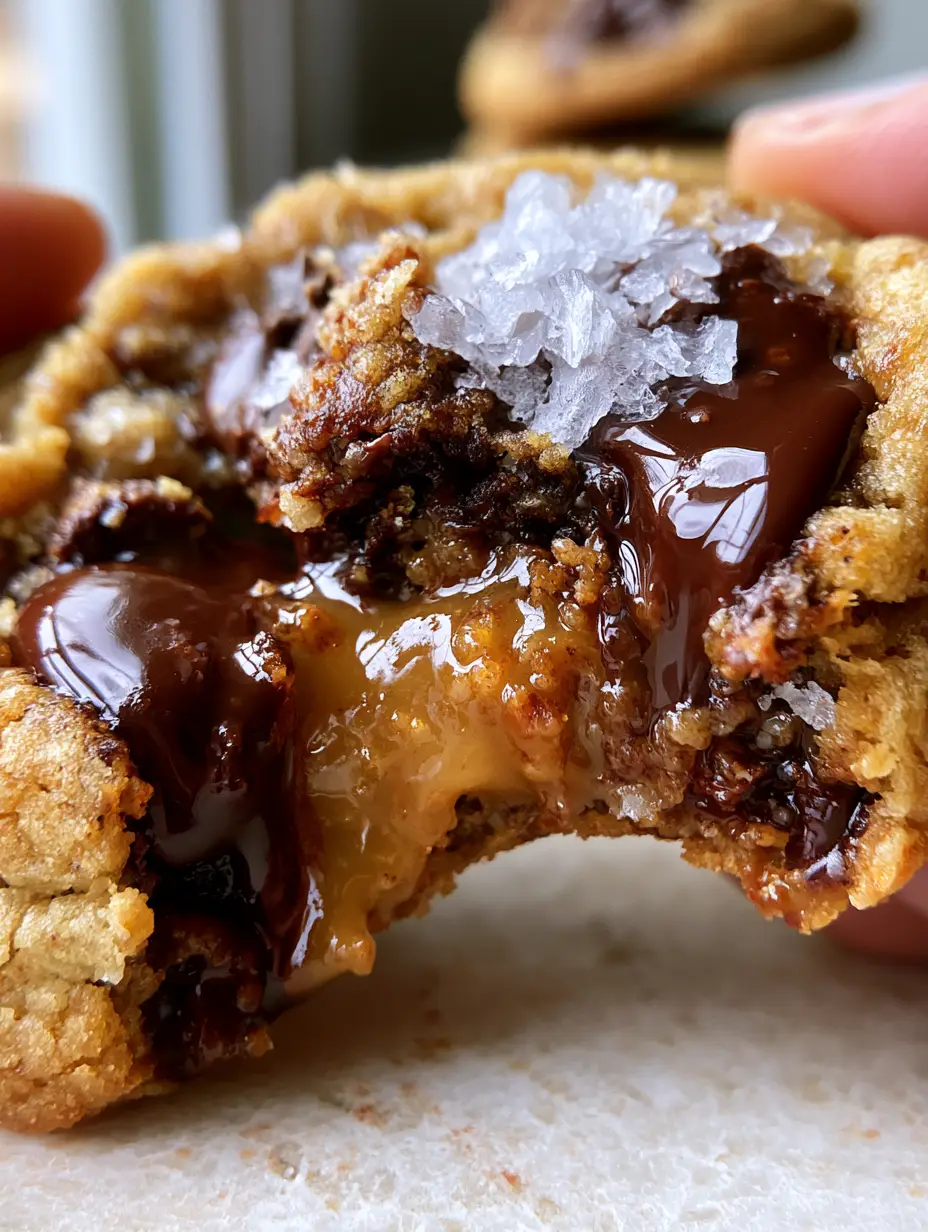 Macro shot of a crinkled cookie top with flaky sea salt and melted dark chocolate pools. (salted caramel chocolate chip cookies)