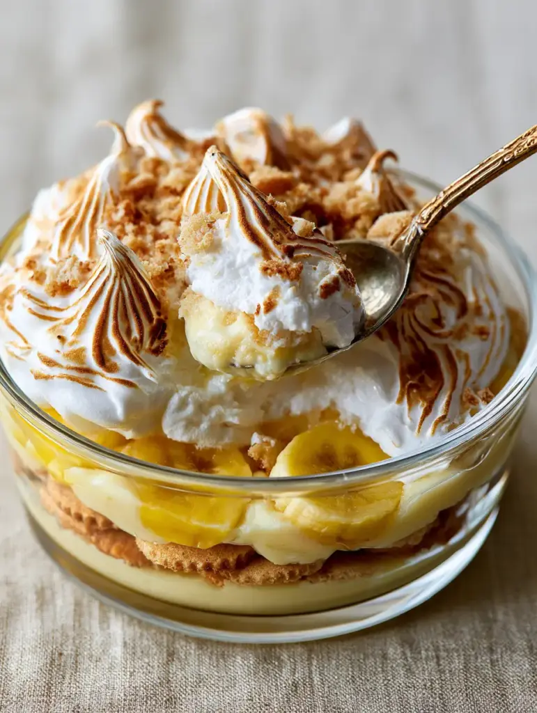 Homemade Banana Pudding with Toasted Meringue Peaks 2 A close-up high-angle photo of homemade banana pudding in a glass dish showing layers of cookies, custard, and bananas with a vintage spoon lifting a scoop.