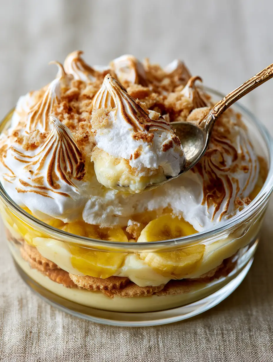 Homemade Banana Pudding with Toasted Meringue Peaks 3 A close-up high-angle photo of homemade banana pudding in a glass dish showing layers of cookies, custard, and bananas with a vintage spoon lifting a scoop.