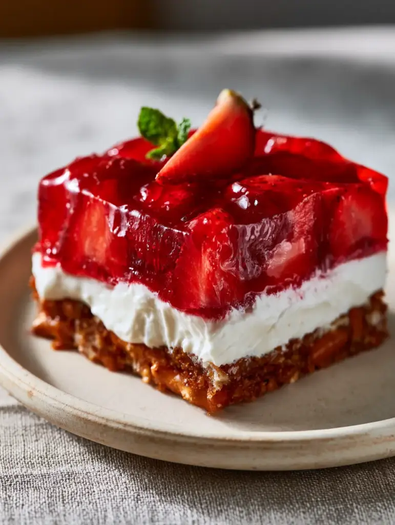 A clean-cut square of Strawberry Pretzel Salad showing the crunchy toasted pretzel base and glossy gelatin topper.