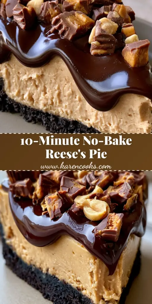 A towering slice of reese's peanut butter cup pie with a thick Oreo crust and glossy chocolate ganache.