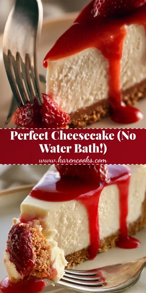 A close-up shot of a slice of classic strawberry cheesecake showing the thick crust and glossy red glaze. (cheesecake recipes)